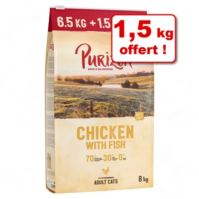 Purizon Chicken with Fish pour chats adultes, 8 kg. Texte visible : 6,5 kg + 1,5 kg offert ! 70 % ingrédients d’origine animale, 30 % fruits/légumes, 0 % céréales. Purizon Chicken with Fish pour chats adultes, 8 kg. Texte visible : 6,5 kg + 1,5 kg offert ! 70 % ingrédients d’origine animale, 30 % fruits/légumes, 0 % céréales.