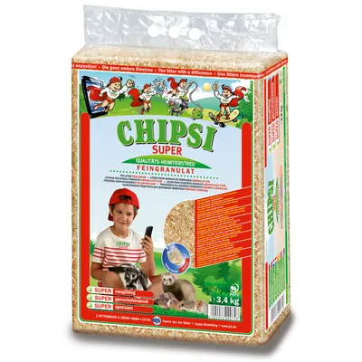 CHIPSI SUPER Qualitats-Heimtierstreu Feingranulat, 3,4 kg. Pakkauksessa kuva pienjyrsijöistä ja tekstit: super imukykyinen, hajua sitova, riittoisa. Näkyvissä sahanpurumaista kuivikkeen materiaalia.