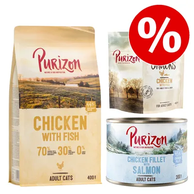 Purizon pour chats adultes : croquettes Chicken with Fish 400 g, friandises Chicken with Fish 40 g, boîte Chicken Fillet with Salmon 200 g, offre spéciale signalée par un symbole % rouge.