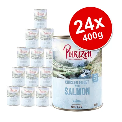 Purizon Chicken Fillet with Salmon for adult cats, 24 tins of 400g each. Large red badge shows '24x 400g'. Text on tin: 45% chicken fillet. Brand name Purizon visible.