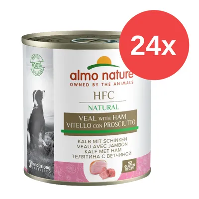 Almo Nature HFC Natural Kalb mit Schinken, glutenfrei, 24x Dose. Text in mehreren Sprachen sichtbar.