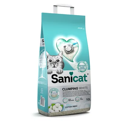 Sanicat Clumping White kattsand, 10L, med Oxygen Odour Control, Cotton Fresh doft, dammfri och låg spårbildning. Förpackning visar katt och hjärtsymbol med sandspade.