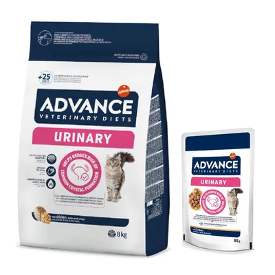 ADVANCE Veterinary Diets Urinary, grand paquet de 8 kg et petit paquet de 85 g, au poulet. Texte : aide à réduire le risque de formation de cristaux urinaires. ADVANCE Veterinary Diets Urinary, grand paquet de 8 kg et petit paquet de 85 g, au poulet. Texte : aide à réduire le risque de formation de cristaux urinaires.