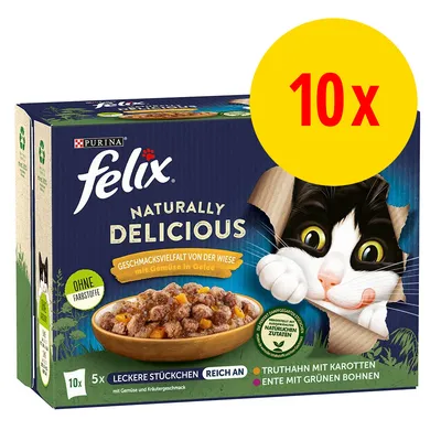 Purina Felix Naturally Delicious, Geschmacksvielfalt von der Wiese, mit Gemüse in Gelee. Ohne Farbstoffe. 10x Portionen, Truthahn mit Karotten, Ente mit grünen Bohnen.