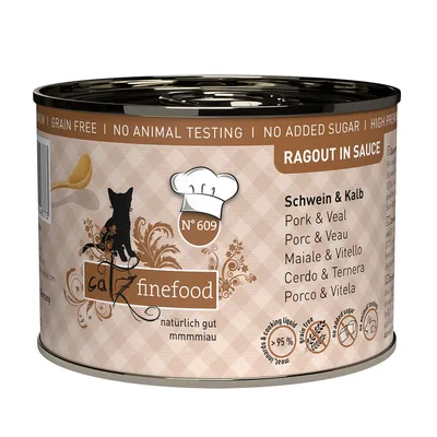 Catz finefood No. 609 ragout in sauce, pork and veal, grain-free, no added sugar, no animal testing, 95% meat content.