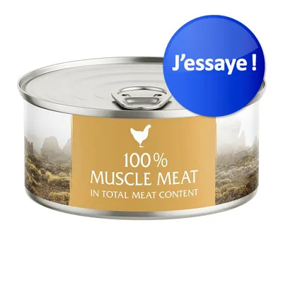 Texte sur la boîte : 100 % muscle meat in total meat content. Pastille bleue avec texte : J’essaye !