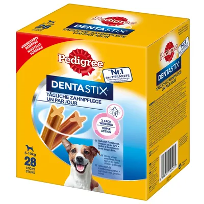 Pedigree Dentastix, daglig tandvård för hundar 5-10 kg, 28 sticks. Minskar tandstensbildning upp till 80 %, rengör svåråtkomliga tänder, förbättrad formula.