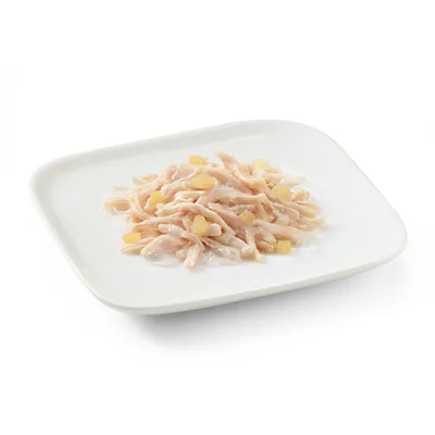 Primer plano de tiras de pollo tiernas con pequeños trozos de piña en un plato blanco, servidas en una salsa ligera.