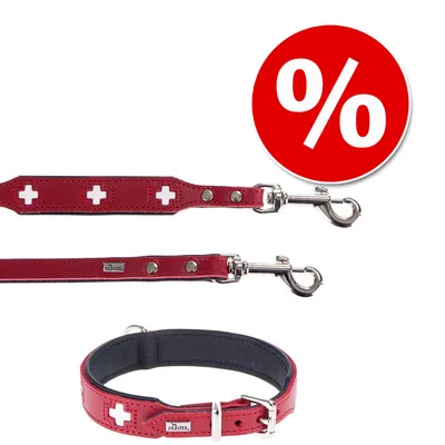 HUNTER rode hondenhalsband en -lijn met witte kruisen, metalen sluitingen en kortingsteken (%) zichtbaar op de afbeelding.