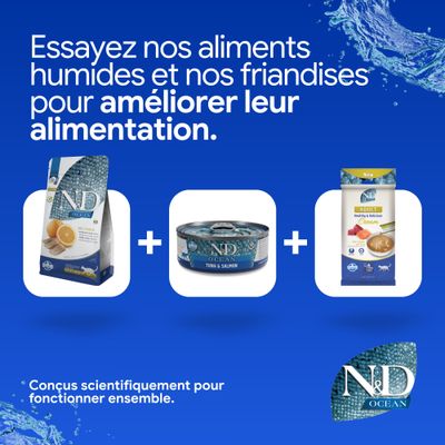 N&D Ocean croquettes, aliments humides thon & saumon et crème adulte illustrés. Texte : Essayez nos aliments humides et snacks pour améliorer l’alimentation.