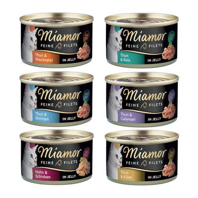Boîtes de nourriture pour chat Miamor Feine Filets, visible : In Jelly mit Huhn & Reis. Texte en allemand sur pastille orange : Jetzt testen!