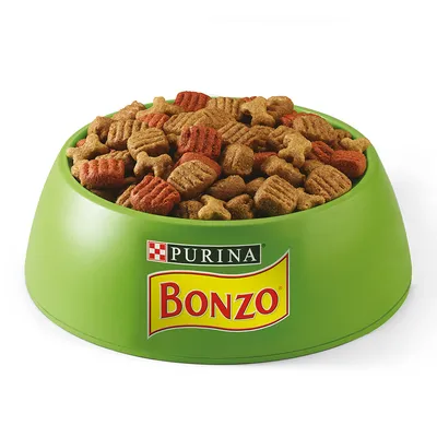 Green bowl filled with dry dog food, visible brand names Purina and Bonzo on the front of the bowl.
