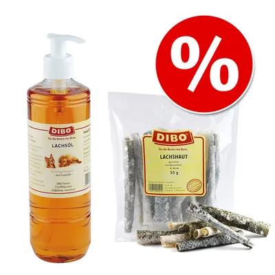 Oferta DIBO: botella de aceite de salmón LACHSÖL y bolsa de piel de salmón LACHSHAUT 50 g. Etiquetas en alemán visibles. Símbolo de porcentaje en círculo rojo.
