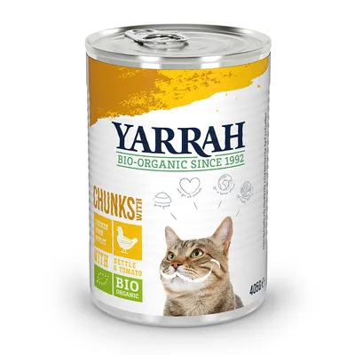 Yarrah Bio-Organic seit 1992. Chunks mit Huhn, Brennnessel und Tomate. Bio-Zertifikat. Dose 405g.