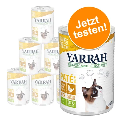 Lot de boîtes Yarrah Bio-Organic Since 1992, pâté pour chat, poulet, algues et spiruline, recette sans céréales, texte allemand « Jetzt testen! », 400 g visibles sur l’étiquette.