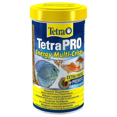 Barattolo TetraPRO Energy Multi-Crisps, mangime completo premium per pesci, con testo visibile: EXTRA ENERGY + PREBIOTIC FOR CLEAR WATER, immagini di pesci e crocchette. Barattolo TetraPRO Energy Multi-Crisps, mangime completo premium per pesci, con testo visibile: EXTRA ENERGY + PREBIOTIC FOR CLEAR WATER, immagini di pesci e crocchette.
