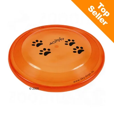Frisbee orange Dog Activity avec trois empreintes de pattes noires, mention « Top Seller » en haut à droite, site web www.sky-dogs.de visible sur le bord.