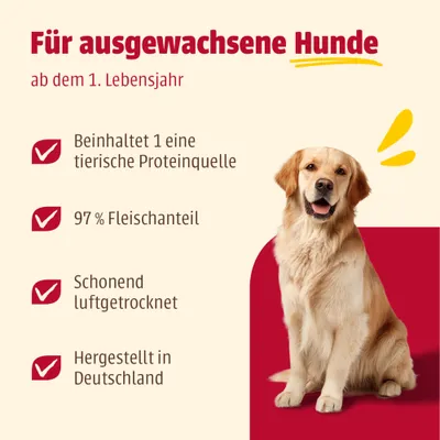 Für ausgewachsene Hunde ab dem 1. Lebensjahr, beinhaltet eine tierische Proteinquelle, 97% Fleischanteil, schonend luftgetrocknet, hergestellt in Deutschland. Für ausgewachsene Hunde ab dem 1. Lebensjahr, beinhaltet eine tierische Proteinquelle, 97% Fleischanteil, schonend luftgetrocknet, hergestellt in Deutschland.