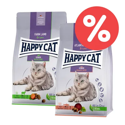 Happy Cat Senior Trockenfutter für Katzen ab 8 Jahren, Sorten Weidelamm und Atlantiklachs. Made in Germany. Prozent-Symbol für Rabattaktion sichtbar.
