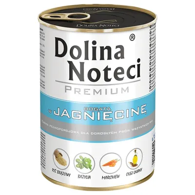 Dolina Noteci Premium, bogat în carne de miel. Hrană completă pentru câini adulți cu orez brun, busuioc, morcovi și ulei de in.