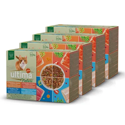 Fyra förpackningar Ultima Nature kattmat, Affinity. Synlig text: 12×85g, K3 Bouchees au Saumon, K3 Bouchees à la Truite, K3 Bouchees au Thon, bild på katt och skål med mat.