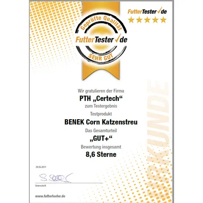 Certificate showing BENEK Corn Katzenstreu rated 8.6 stars and 'GUT+' by FutterTester.de, with quality seal 'Geprüfte Qualität SEHR GUT'.