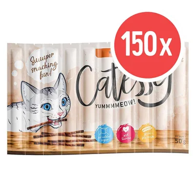 Opakowanie Catessy Yummmmeow! 10 pałeczek, 50 g. Widoczne teksty: 'no added sugar', 'with taurine', 'grain free recipe'. Duży napis: 150x.