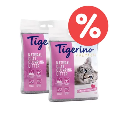 Tigerino Premium Natural Clay Clumping Litter, ultra absorbent, fast odour control, sofort klumpend, extrem staubarm, mit Baby-Puder-Duft, 12 kg. Prozent-Symbol für Rabatt.
