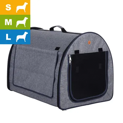Transportbox aus grauem Stoff mit Netzfenster und Reißverschluss, verfügbar in den Größen S, M und L laut Symbolen für verschiedene Hundegrößen. Transportbox aus grauem Stoff mit Netzfenster und Reißverschluss, verfügbar in den Größen S, M und L laut Symbolen für verschiedene Hundegrößen.