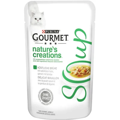 Purina Gourmet Nature's Creations. Lahodný vývar s prírodným kuracím mäsom, ozdobený zeleninou. Bez pridaných farbív, aróm a konzervačných látok.