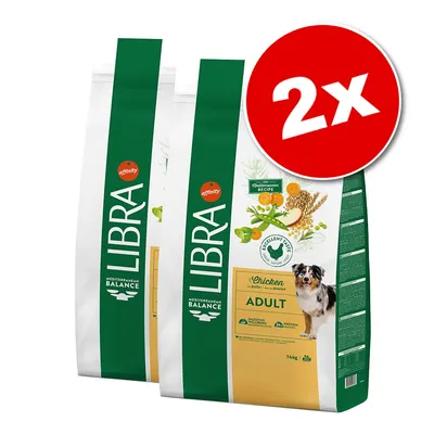2 sacs de croquettes pour chien Libra Adult au poulet, 14 kg chacun, marque Affinity, étiquette Mediterranean Balance et image d’un chien sur l’emballage. Pastille rouge avec « 2x ».