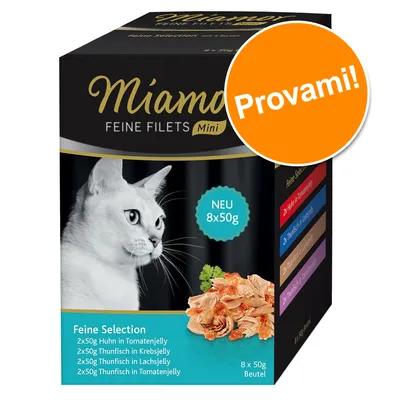 Miamor Feine Filets Mini, confezione da 8x50g. Testo visibile: Provami!, NEU 8x50g, Feine Selection con pollo e tonno in diverse gelatine. Immagine di un gatto bianco.