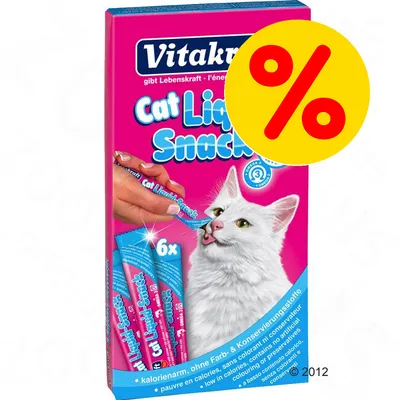 Vitakraft Cat Liquid Snack -kissanherkkupakkaus, 6 annosta. Suuri keltainen prosenttimerkki oikeassa yläkulmassa.
