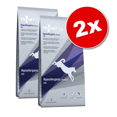 Lot de 2 sacs TROVET Hypoallergenic (Venison) VPD pour chiens adultes, alimentation diététique hautement digestible. Texte visible : Venison/Potato only, Grain-free, Highly digestible. Lot de 2 sacs TROVET Hypoallergenic (Venison) VPD pour chiens adultes, alimentation diététique hautement digestible. Texte visible : Venison/Potato only, Grain-free, Highly digestible.