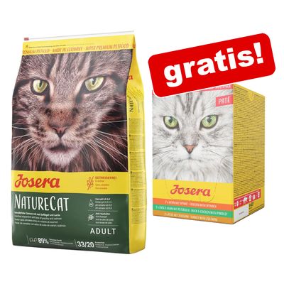 Josera NatureCat Adult kattenvoer en Josera Paté multipack met rode sticker 'gratis!'. Op de verpakkingen staan grote kattengezichten en productnamen duidelijk zichtbaar.