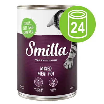 Smilla Mixed Meat Pot natvoer, gans, rund en kip, bevat taurine, graanvrij, 400 g. Voordeelverpakking met 24 blikken zichtbaar.