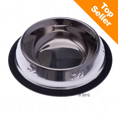 Edelstahlnapf mit schwarzem Gummiring, orange Ecke mit Aufschrift Top Seller