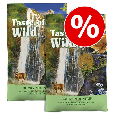Taste of the Wild Rocky Mountain macskaeledel csomag, akciós százalék jellel. Látható szöveg: with roasted venison & smoked salmon, a grain-free diet.