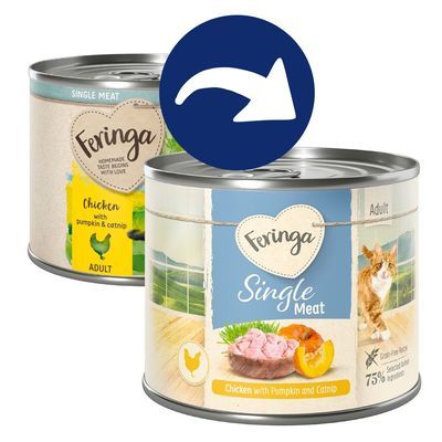 Deux boîtes Feringa Single Meat Adult, poulet avec citrouille et cataire, 75 % ingrédients sélectionnés, sans céréales. Texte en anglais visible sur l’emballage.
