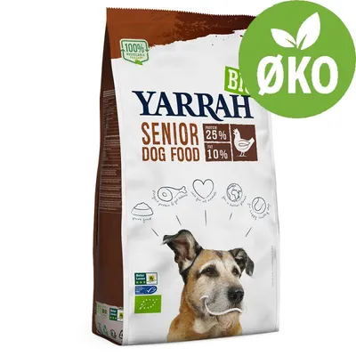 Yarrah Senior Dog Food, protein 25 %, fat 10 %, økologisk mærke, billede af hund på posen, grøn ØKO-cirkel, tekst: 100 % recyclable, Better Leven, EU-økologimærke