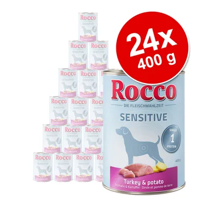 Rocco Sensitive Turkey & Potato, 24 blikken à 400 g. Op het blik: Single 1 Protein, afbeelding van kalkoen en aardappel, tekst in Duits en Engels.