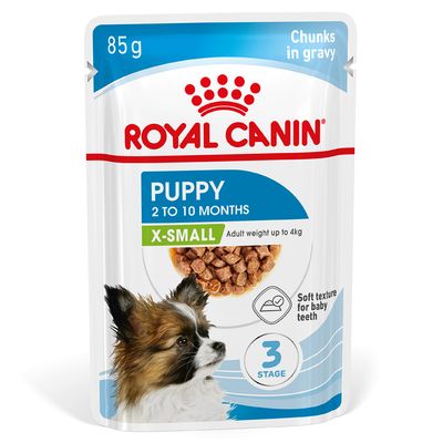 Royal Canin Puppy 2 to 10 months X-Small, adult weight up to 4kg, chunks in gravy, soft texture for baby teeth, 3 stages, 85g pouch.