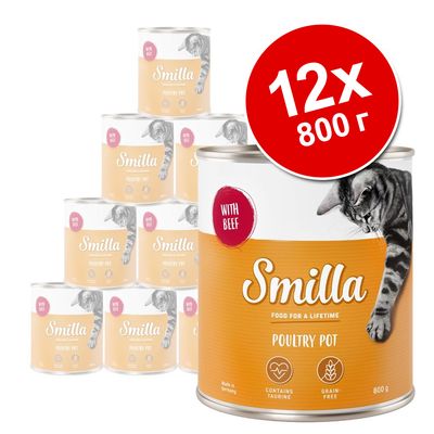Набор из 12 банок корма для кошек Smilla Poultry Pot with Beef, по 800 г. На упаковке: содержит таурин, без зерна, изображение кошки.