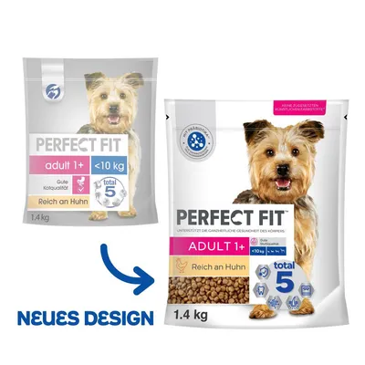 Comparaison des anciens et nouveaux emballages Perfect Fit Adult 1+ <10 kg, riche en poulet, 1,4 kg. Texte allemand : Neues Design. Visuel de croquettes sur le nouveau sachet. Comparaison des anciens et nouveaux emballages Perfect Fit Adult 1+ <10 kg, riche en poulet, 1,4 kg. Texte allemand : Neues Design. Visuel de croquettes sur le nouveau sachet.
