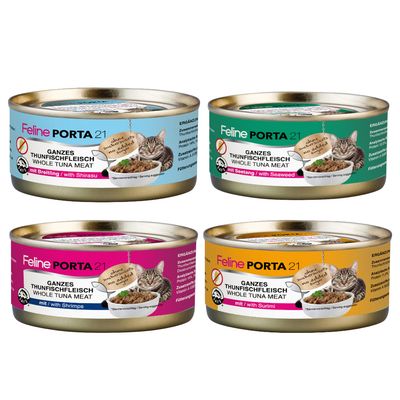 Lot de 24 boîtes Feline Porta 21, 156 g chacune. Texte visible : Feines Hühnerfleisch Fine Chicken Meat pur/pure, sans sucres ajoutés. Plusieurs variétés en arrière-plan.