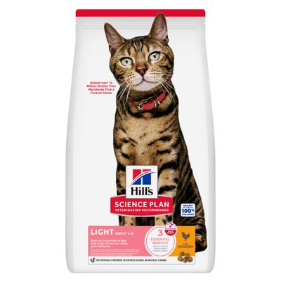 Hill's Science Plan Light Adult 1–6, croquettes pour chat au poulet, 17 % moins de calories que Hill's Science Plan Adult, sans conservateurs ni colorants artificiels visibles sur l'emballage.