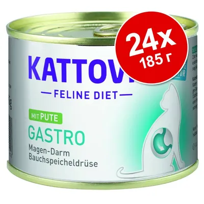 Консерва Kattovit Feline Diet Gastro mit Pute, 24×185 г. Видим текст: Magen-Darm Bauchspeicheldrüse. Опаковка с изображение на котка. Консерва Kattovit Feline Diet Gastro mit Pute, 24×185 г. Видим текст: Magen-Darm Bauchspeicheldrüse. Опаковка с изображение на котка.