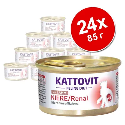 Kattovit Feline Diet NIERE/Renal с агнешко, 24 консерви по 85 г. Видими надписи: MIT LAMM, Niereninsuffizienz.