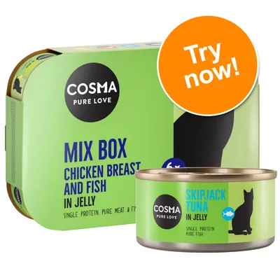 COSMA Pure Love Mix Box Chicken Breast and Fish in Jelly, single protein. Tin label: COSMA Pure Love Skipjack Tuna in Jelly, single protein pure fish. Orange badge: Try now!