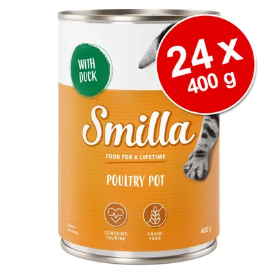 Boîte Smilla Poultry Pot with duck, 400 g, lot de 24. Texte visible : contains taurine, grain-free, food for a lifetime, made in Germany. Boîte Smilla Poultry Pot with duck, 400 g, lot de 24. Texte visible : contains taurine, grain-free, food for a lifetime, made in Germany.